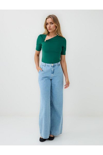 Jimmy Key Green Slim Fit Asymmetrical Neckline Short Sleeve Blouse