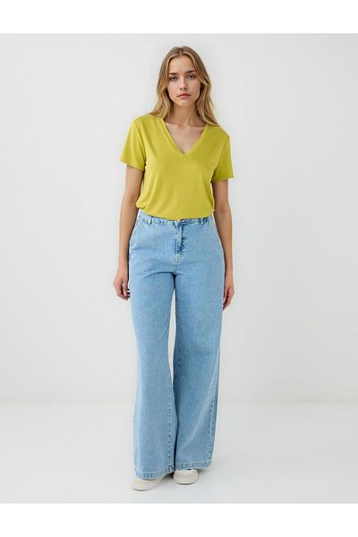 Jimmy Key Light Green V-Neck Short Sleeve Knitted Modal T-Shirt