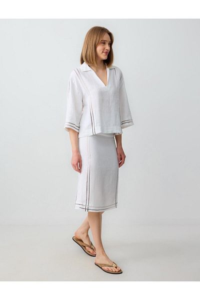 Jimmy Key White 100% Linen Normal Waist Line Patterned Midi Skirt