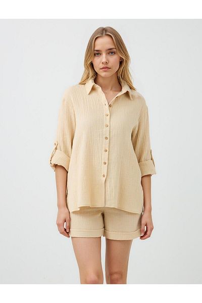 Jimmy Key Beige Long Sleeve Button Detailed Woven Shirt