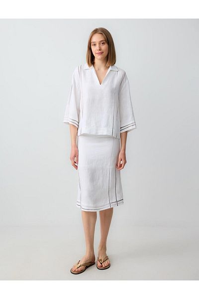 Jimmy Key White 100% Linen Relaxed Cut V-Neck Three Quarter Sleeve Striped Blouse