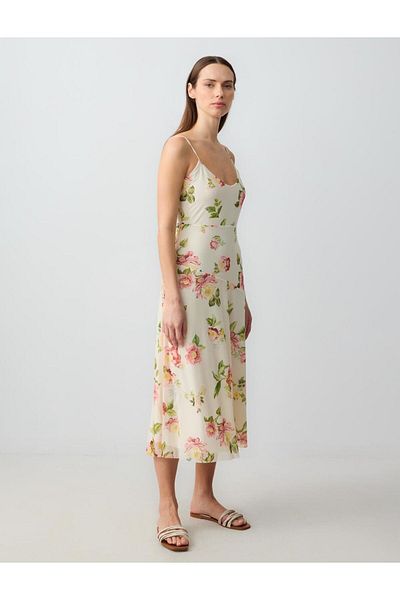 Jimmy Key Beige Slim-Fit Strap Open Neck Patterned Mesh Knitted Midi Dress