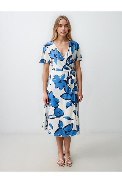 Jimmy Key Navy Blue V-Neck Short Sleeve Floral Pattern Knitted Midi Dress
