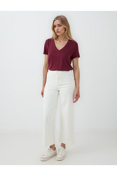 Jimmy Key Tricou modal tricotat cu mânecă scurtă cu decolteu în V burgundy
