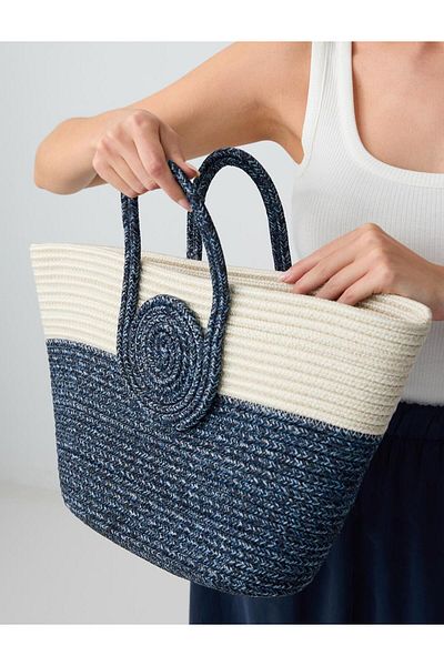 Jimmy Key Navy Blue Color Blocked Straw Bag