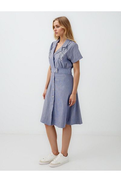 Jimmy Key Navy Blue Double Breasted Collar Short Sleeve Patterned Midi Dress