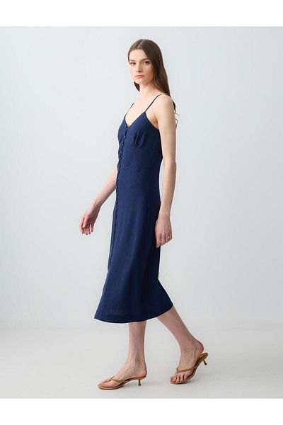 Jimmy Key Navy Blue V-Neck Button Detailed Linen Blend Midi Dress