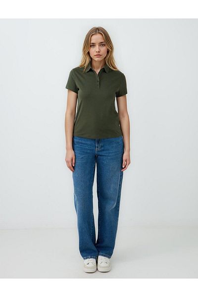 Jimmy Key Khaki Straight Cut Shirt Collar Short Sleeve Knitted T-Shirt