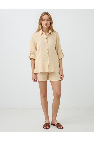 Jimmy Key Beige Long Sleeve Button Detailed Woven Shirt
