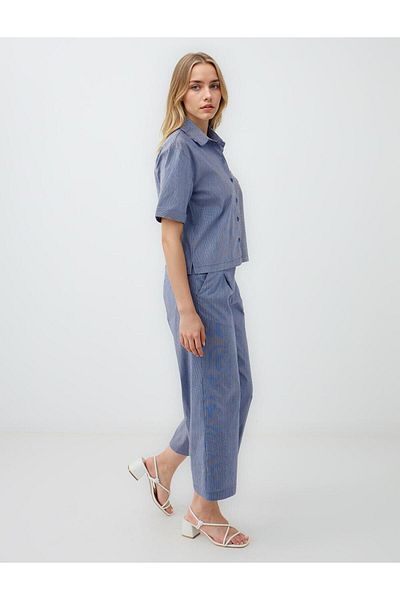 Jimmy Key Navy Blue Striped Regular Waist Regular Leg Woven Trousers