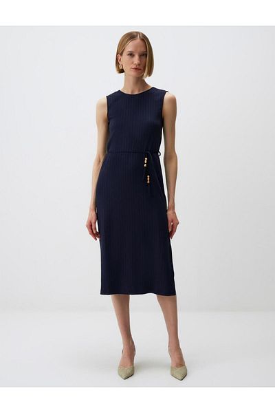 Jimmy Key Navy Blue Round Neck Belt Detailed Sleeveless Midi Dress