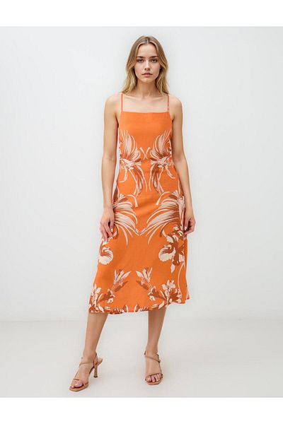 Jimmy Key Orange Floral Patterned Strap Plain Neck Midi Dress