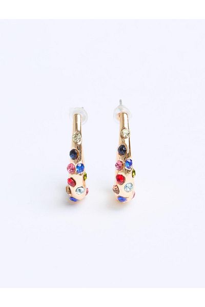 Jimmy Key Gold Colored Stone Detailed Half Hoop Earrings