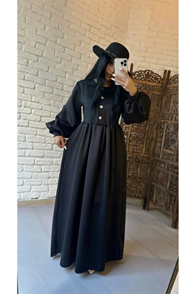 moneta boutique Rochie de scuba cu nasturi cu mâneci cu balon - neagră