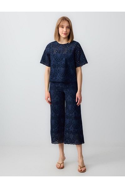 Jimmy Key Navy Blue 100% Cotton Relaxed Fit Openwork Round Neck Blouse