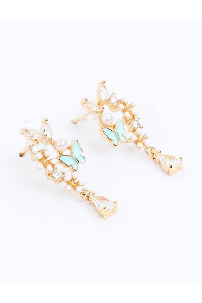Jimmy Key Gold Color Pearl Detailed Butterfly Figured Earrings