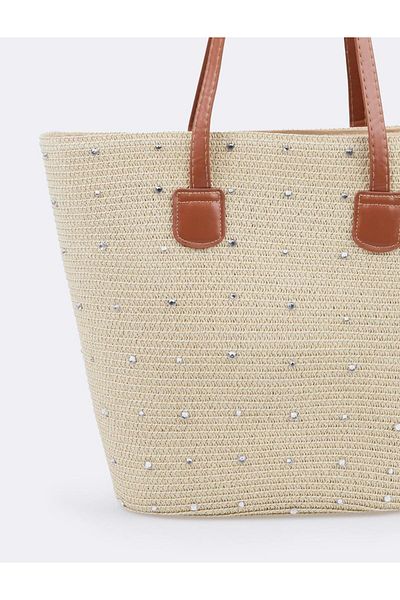 Jimmy Key Beige Shiny Stone Detailed Straw Bag
