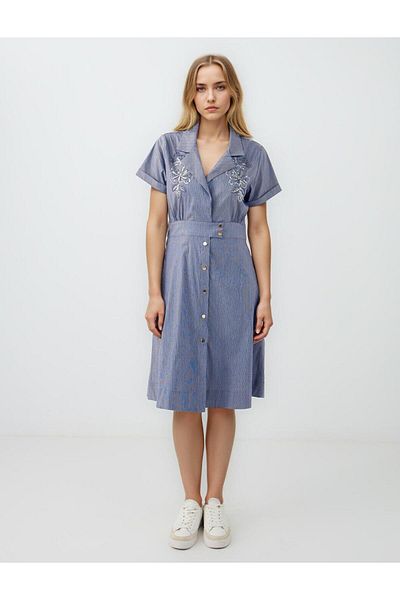 Jimmy Key Navy Blue Double Breasted Collar Short Sleeve Patterned Midi Dress