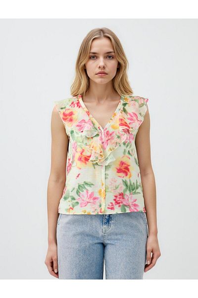Jimmy Key Ecru V-Neck Sleeveless Floral Patterned Woven Blouse