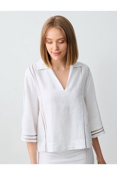 Jimmy Key White 100% Linen Relaxed Cut V-Neck Three Quarter Sleeve Striped Blouse