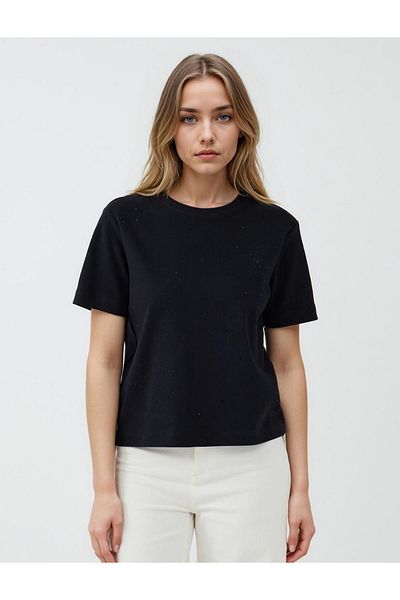 Jimmy Key Black 100% Cotton Crew Neck Stone Printed T-Shirt
