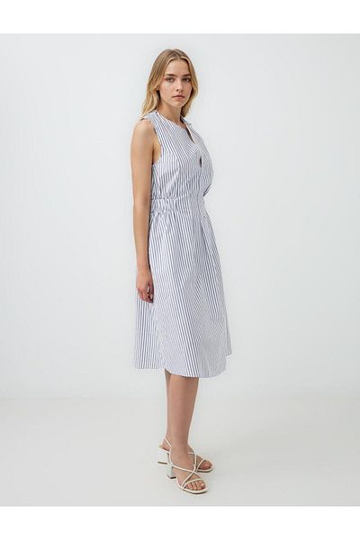 Jimmy Key Navy Blue 100% Cotton Sleeveless Open Collar Striped Midi Dress