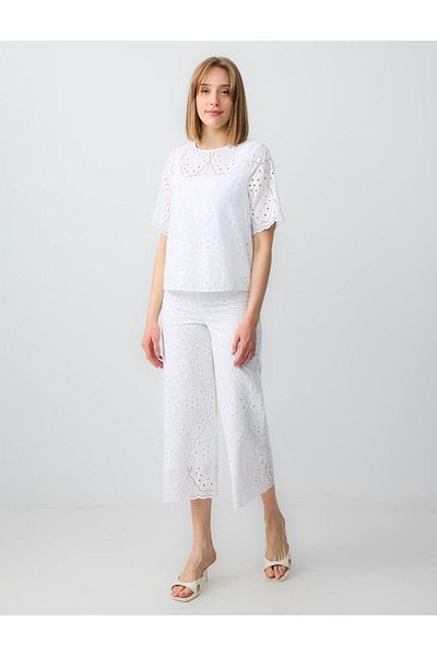 Jimmy Key White 100% Cotton Relaxed Fit Openwork Round Neck Blouse