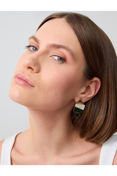 Jimmy Key Green Color Block Asymmetric Pattern Earrings