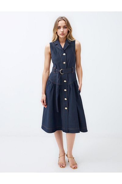 Jimmy Key Navy Blue Double Breasted Collar Belt Detailed Sleeveless Midi Dress