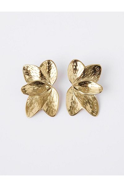 Jimmy Key Gold Color Textured Leaf Form Earrings