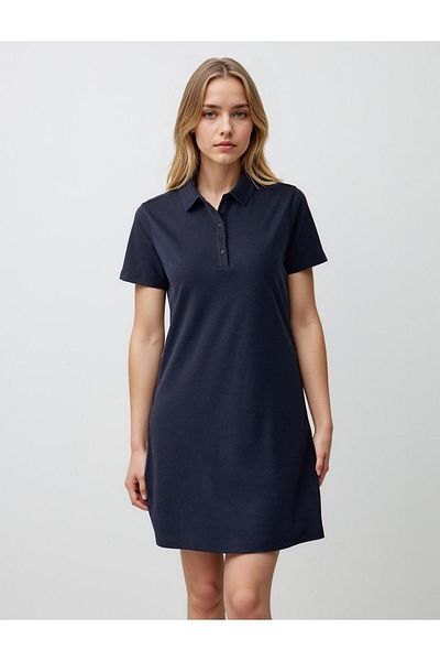 Jimmy Key Navy Blue Straight Cut Shirt Collar Short Sleeve Mini Knitted Dress