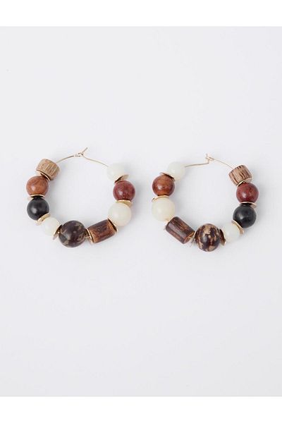 Jimmy Key Mixed Wood Look Bead Detailed Hoop Earrings