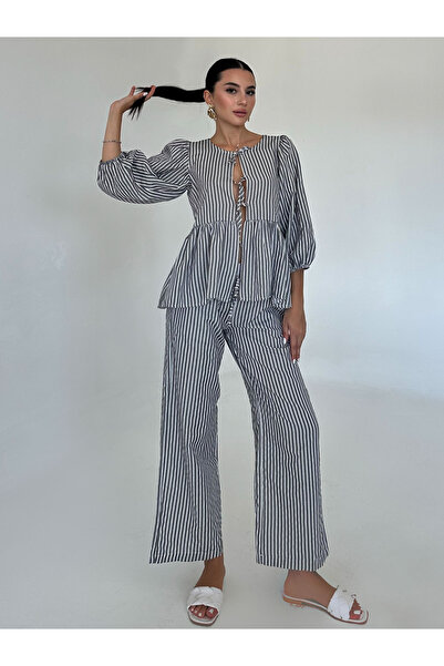 King Brothers Poplin szövet - masni csíkos léggömb ujjú női blúz szett