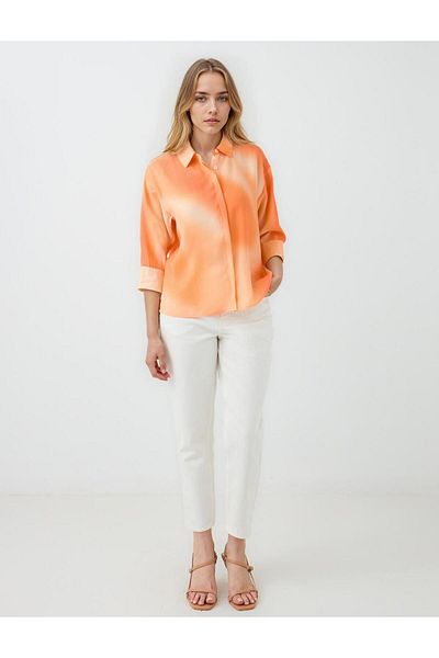 Jimmy Key Orange Straight Cut Three Quarter Sleeve Color Transition Modal Woven Shirt