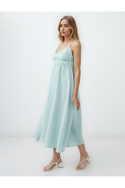 Jimmy Key Turquoise 100% Linen Strap V-Neck Midi Dress