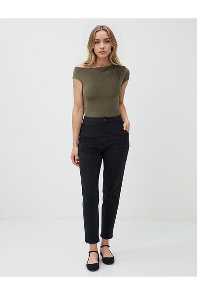 Jimmy Key Khaki Straight Cut Boat Neck One Shoulder Knitted Blouse