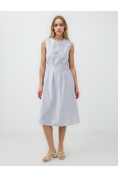 Jimmy Key Navy Blue 100% Cotton Sleeveless Open Collar Striped Midi Dress