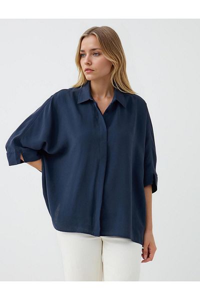 Jimmy Key Navy Blue Relaxed Fit Three Quarter Sleeve Long Shirt