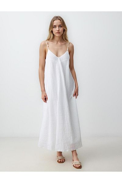 Jimmy Key Ecru Relaxed Cut Strap V Neck Long Dress