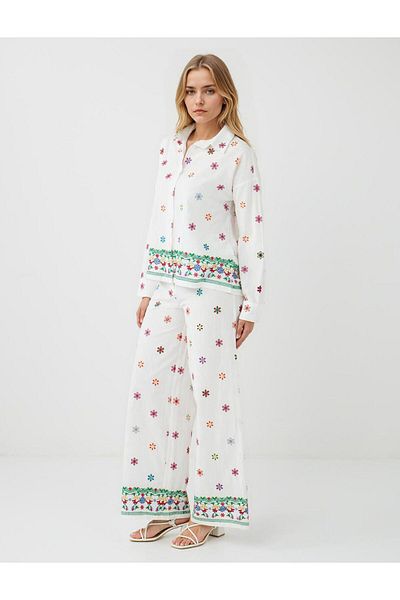 Jimmy Key Ecru 100% Cotton Relaxed Fit Wide Leg Floral Patterned Trousers