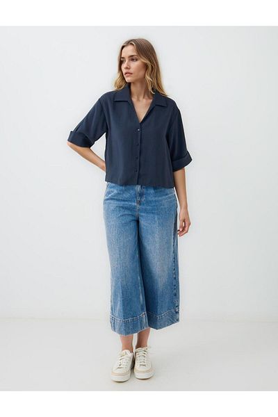 Jimmy Key Navy Blue Straight Cut Elbow Sleeve Short Woven Shirt