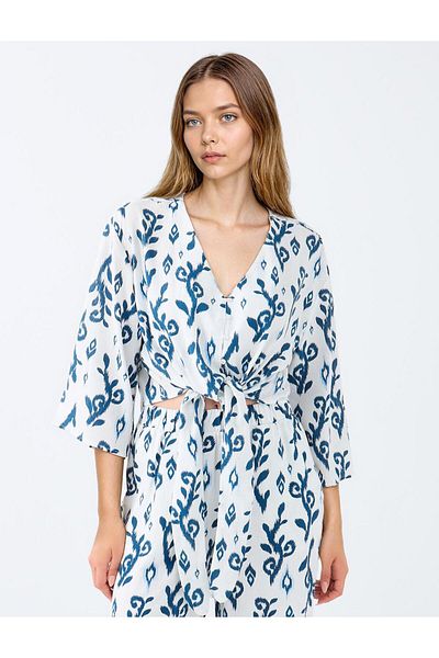 Jimmy Key Green V-Neck Three Quarter Sleeve Patterned Linen Blend Shirt