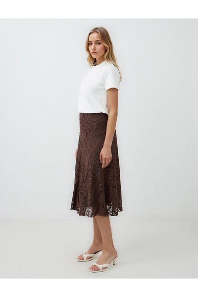 Jimmy Key Bitter Brown Straight Cut Lace Detailed Regular Waist Midi Knitted Skirt