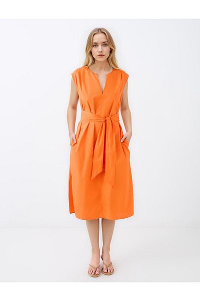 Jimmy Key Orange 100% Cotton Short Sleeve V Neck Midi Dress with Belt