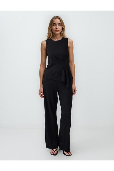 Jimmy Key Black Relaxed Cut Long Wide Leg Regular Waist Knitted Trousers