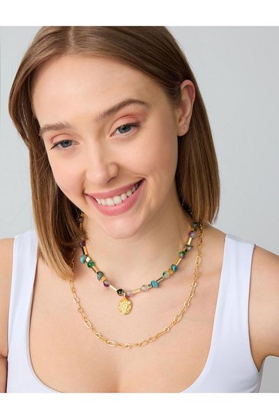 Jimmy Key Double Adjustable Necklace with Green Natural Stone Detail