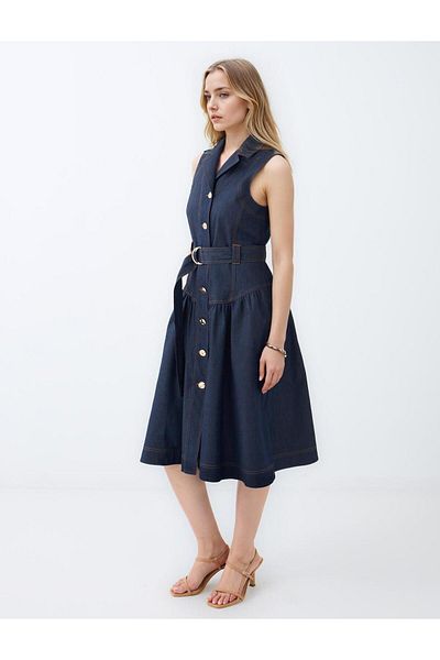 Jimmy Key Navy Blue Double Breasted Collar Belt Detailed Sleeveless Midi Dress