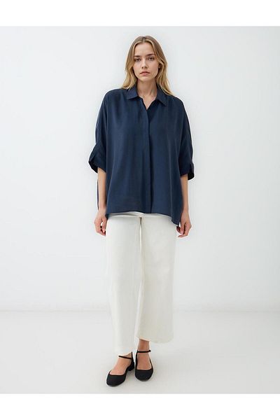 Jimmy Key Navy Blue Relaxed Fit Three Quarter Sleeve Long Shirt