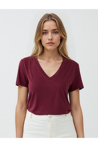 Jimmy Key Tricou modal tricotat cu mânecă scurtă cu decolteu în V burgundy