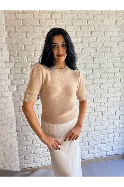moneta boutique Pulover moale pentru damă, cu mânecă scurtă, cu decolteu rotund, cu detaliu de piatră